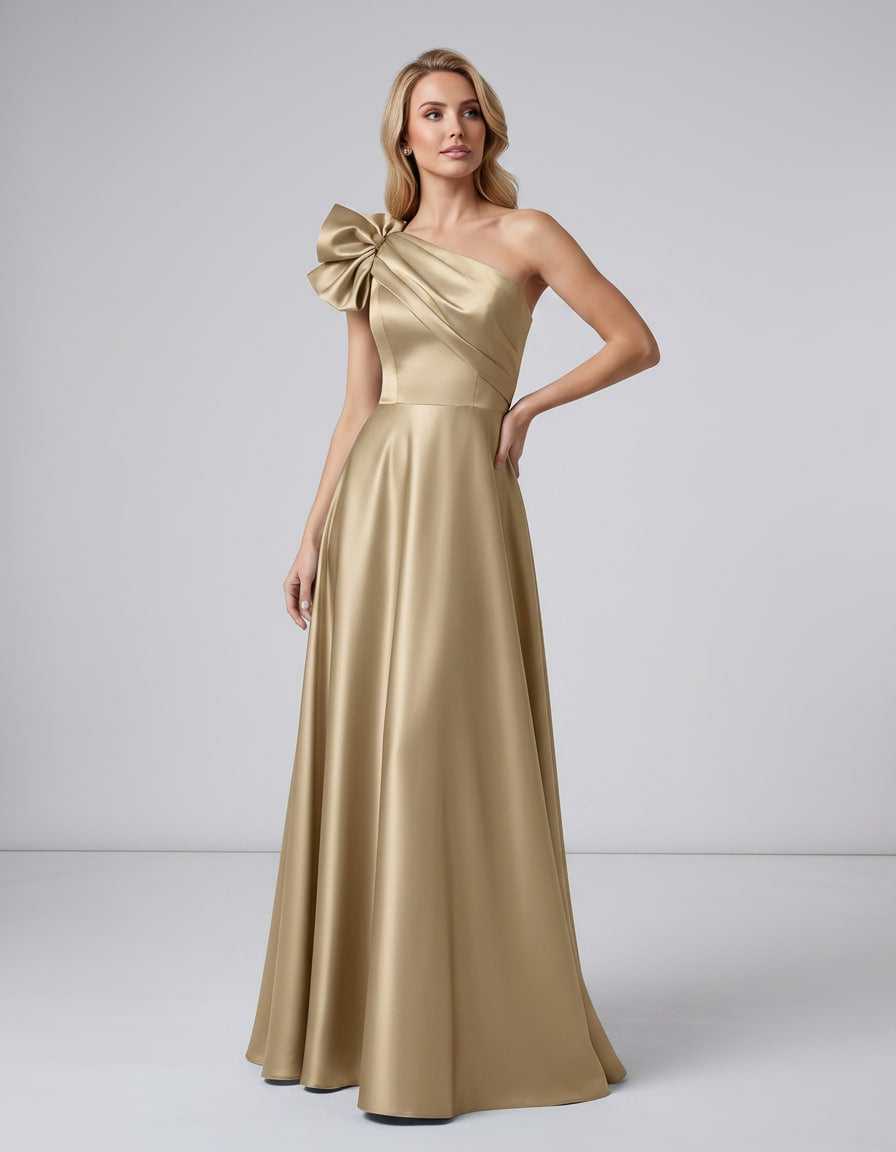 Aurevina Maxi Dress by Lauven — satin one shoulder A-line maxi dress with ruffle detail