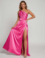 Veloura Maxi Dress by Lauven — satin one-shoulder mermaid maxi dress with slit
