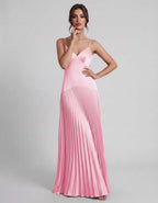 Veloura Maxi Dress by Lauven — satin spaghetti strap V-neck A-line maxi dress