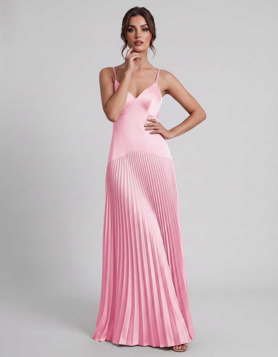Veloura Maxi Dress by Lauven — satin spaghetti strap V-neck A-line maxi dress