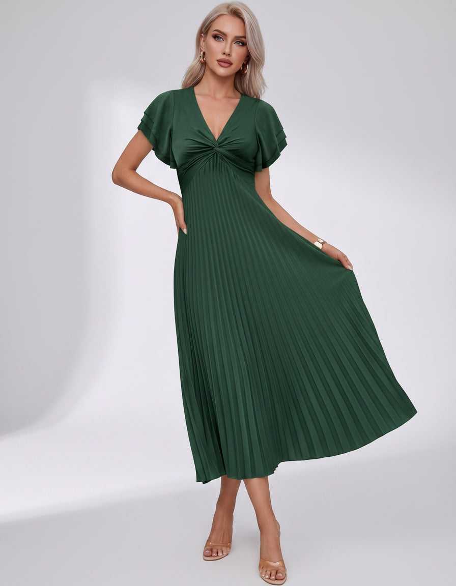 Veloura Midi Dress by Lauven — pleated chiffon flutter sleeve V-neck A-line midi dress