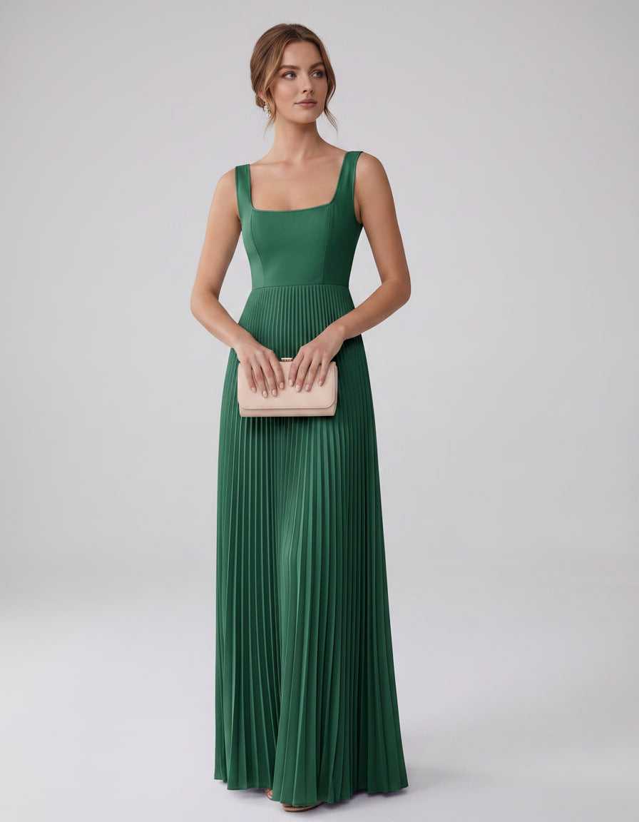 Veloura Maxi Dress by Lauven — satin chiffon sleeveless square neck pleated A-line maxi dress