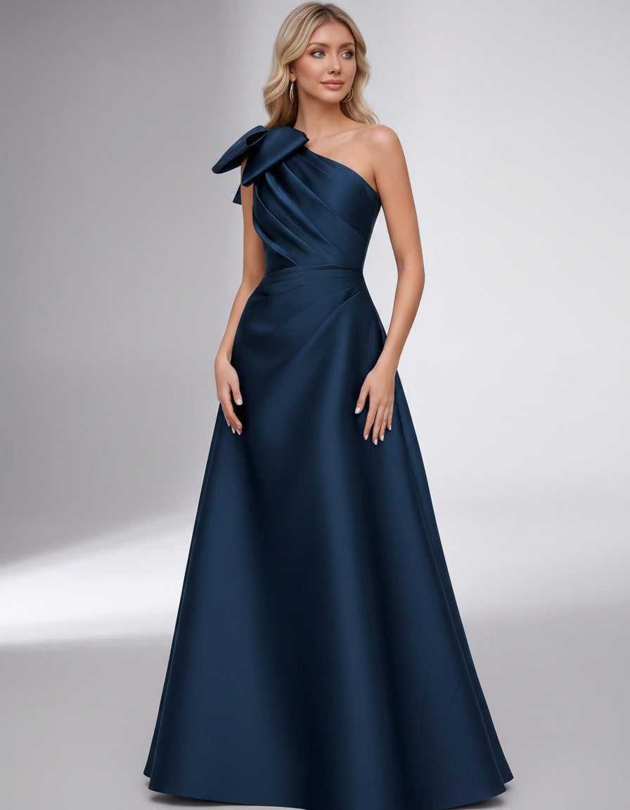 Celestia Maxi Dress by Lauven — satin one shoulder A-line maxi dress with bow