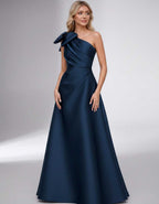 Celestia Maxi Dress by Lauven — satin one shoulder A-line maxi dress with bow