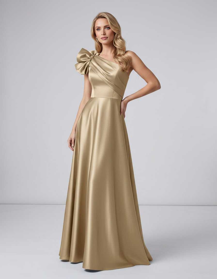 Aurevina Maxi Dress by Lauven — satin one shoulder A-line maxi dress with ruffle detail
