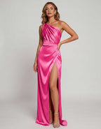 Veloura Maxi Dress by Lauven — satin one-shoulder mermaid maxi dress with slit