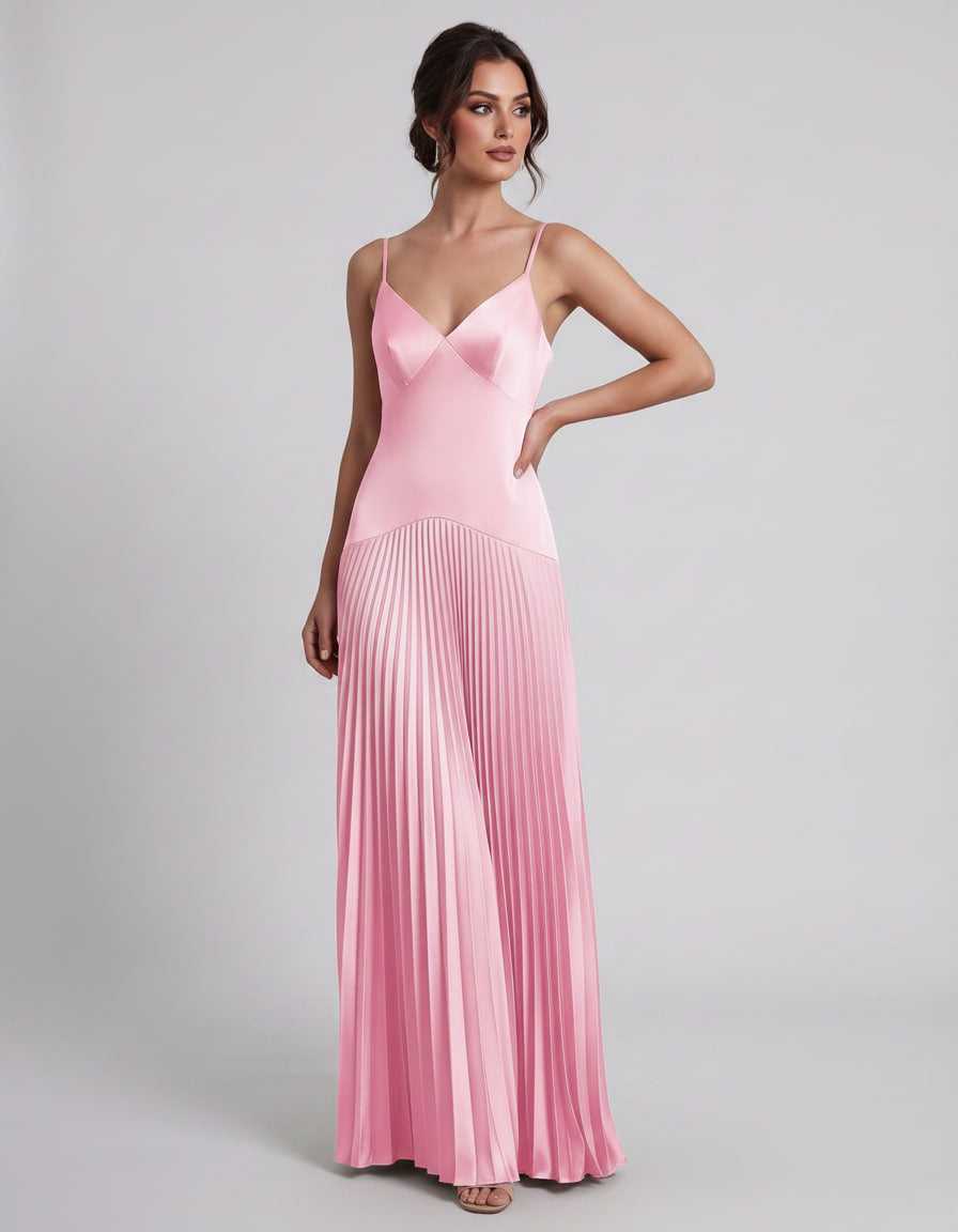 Veloura Maxi Dress by Lauven — satin spaghetti strap V-neck A-line maxi dress