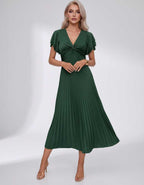 Veloura Midi Dress by Lauven — pleated chiffon flutter sleeve V-neck A-line midi dress