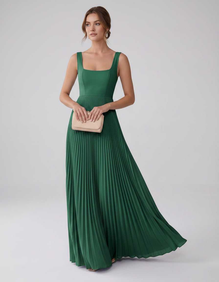 Veloura Maxi Dress by Lauven — satin chiffon sleeveless square neck pleated A-line maxi dress