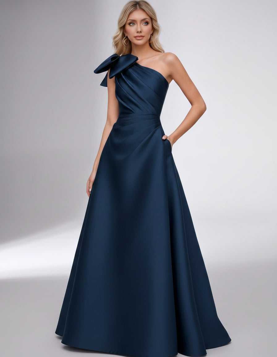 Celestia Maxi Dress by Lauven — satin one shoulder A-line maxi dress with bow