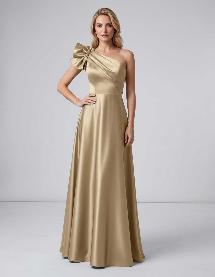 Aurevina Maxi Dress by Lauven — satin one shoulder A-line maxi dress with ruffle detail