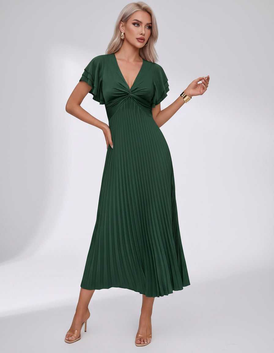 Veloura Midi Dress by Lauven — pleated chiffon flutter sleeve V-neck A-line midi dress