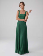 Veloura Maxi Dress by Lauven — satin chiffon sleeveless square neck pleated A-line maxi dress