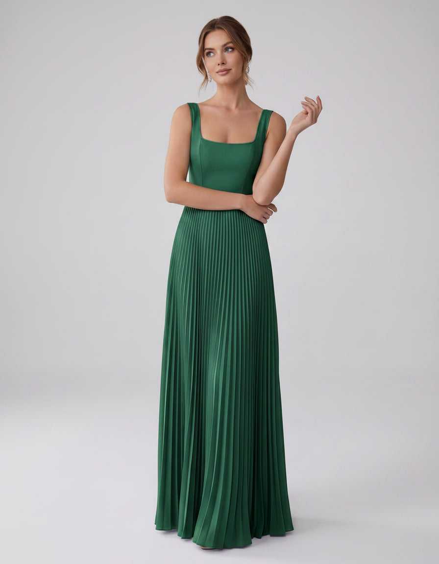 Veloura Maxi Dress by Lauven — satin chiffon sleeveless square neck pleated A-line maxi dress