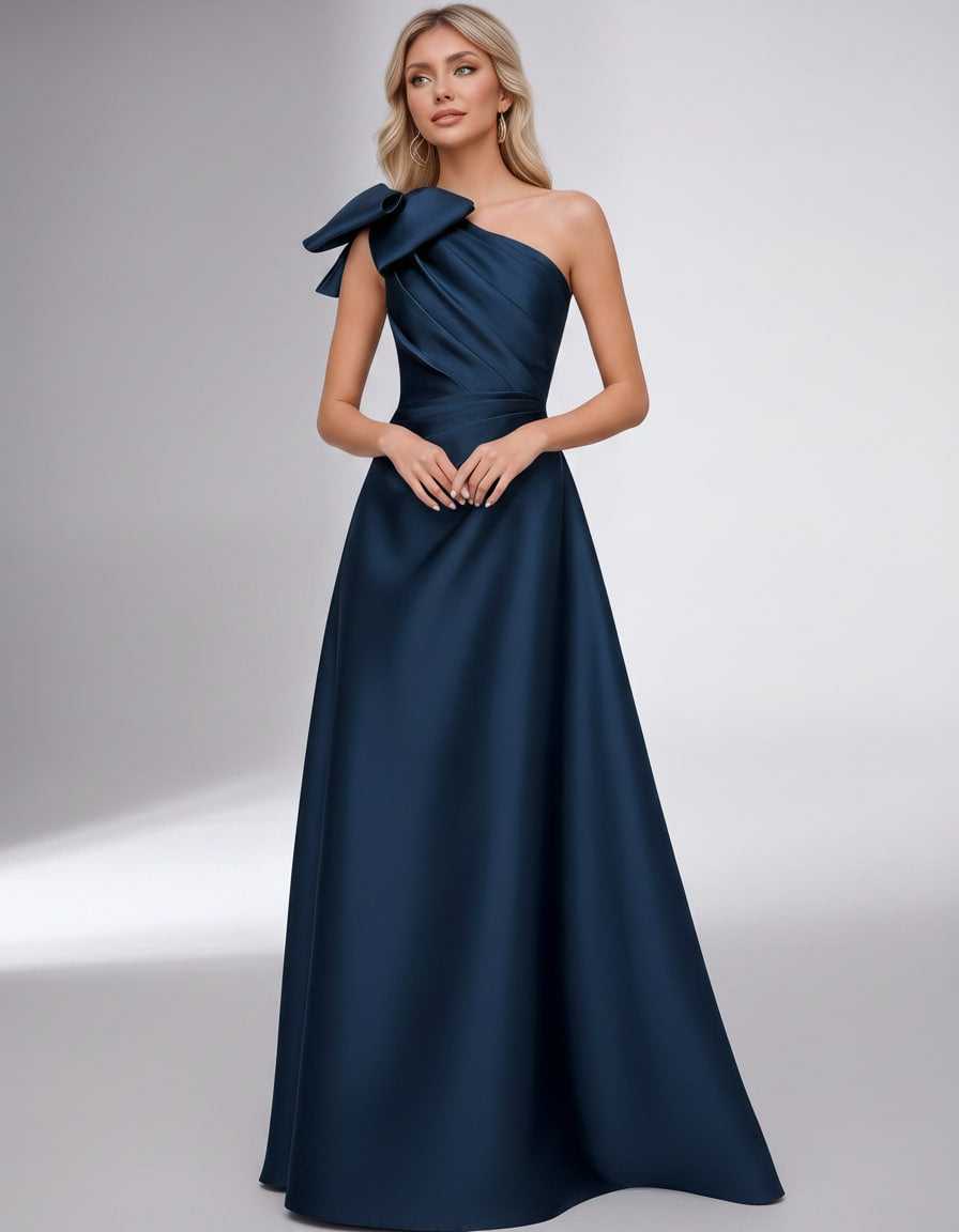 Celestia Maxi Dress by Lauven — satin one shoulder A-line maxi dress with bow