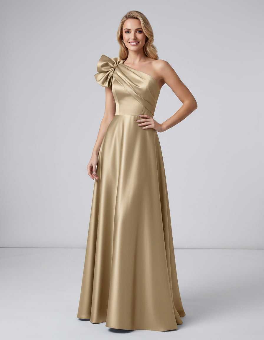 Aurevina Maxi Dress by Lauven — satin one shoulder A-line maxi dress with ruffle detail