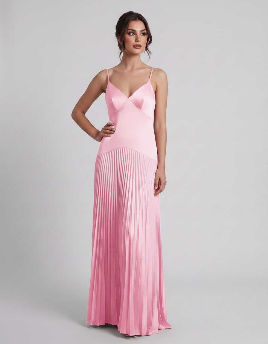 Veloura Maxi Dress by Lauven — satin spaghetti strap V-neck A-line maxi dress