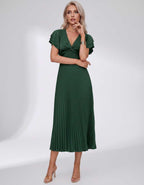 Veloura Midi Dress by Lauven — pleated chiffon flutter sleeve V-neck A-line midi dress
