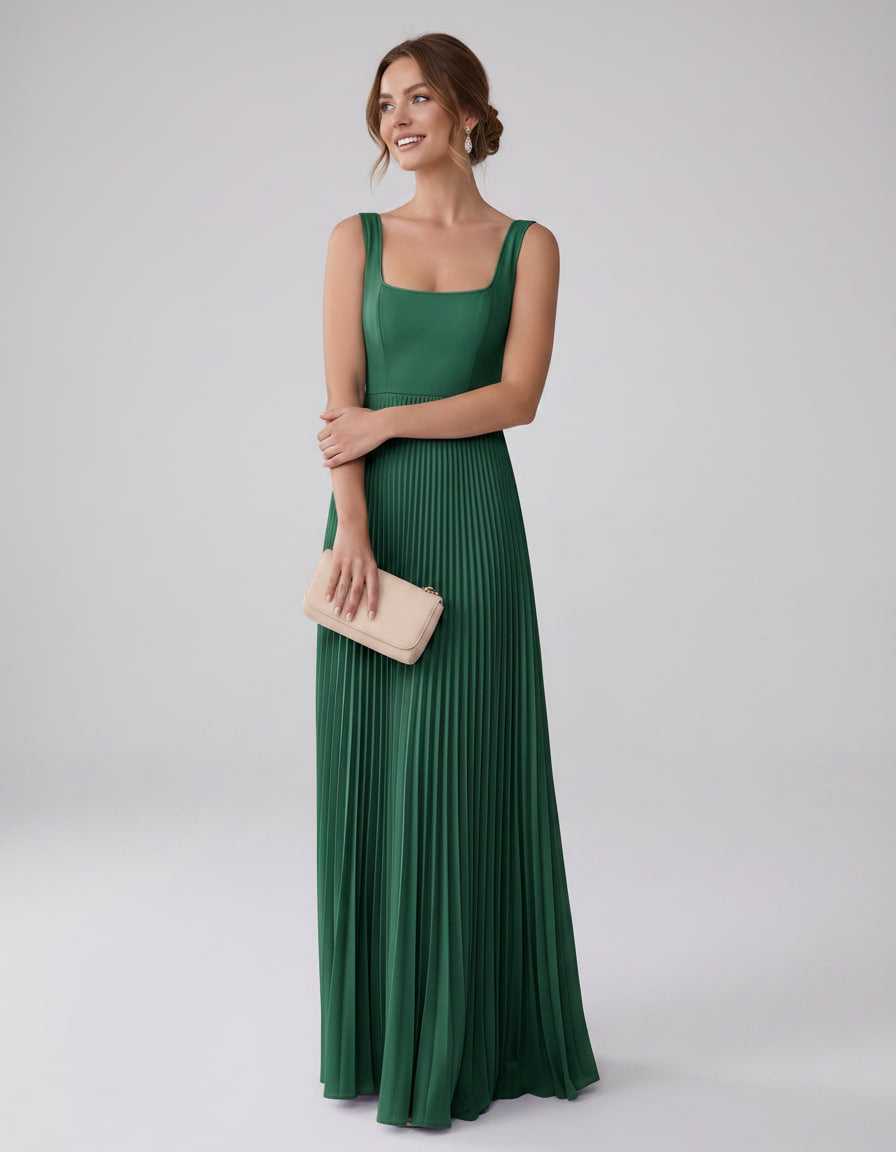 Veloura Maxi Dress by Lauven — satin chiffon sleeveless square neck pleated A-line maxi dress