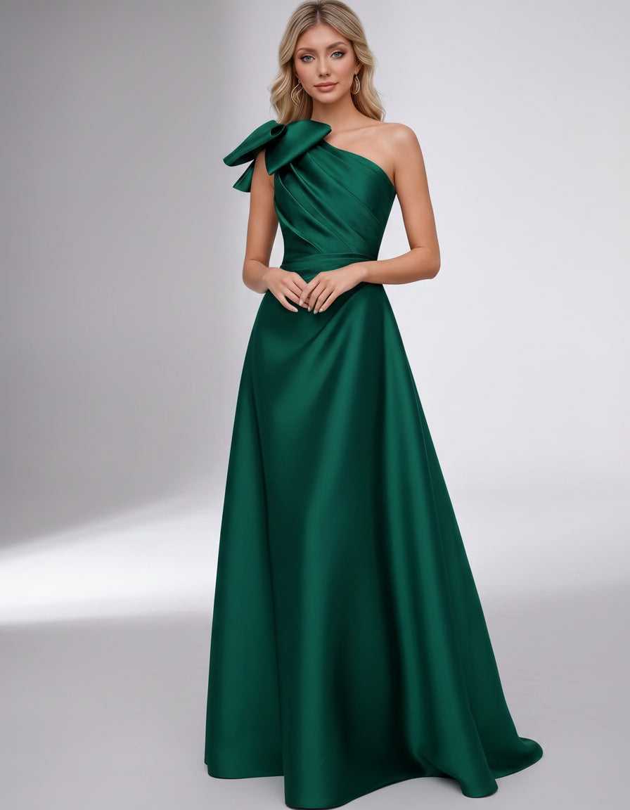 Celestia Maxi Dress by Lauven — satin one shoulder A-line maxi dress with bow