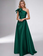 Celestia Maxi Dress by Lauven — satin one shoulder A-line maxi dress with bow