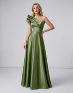 Aurevina Maxi Dress by Lauven — satin one shoulder A-line maxi dress with ruffle detail