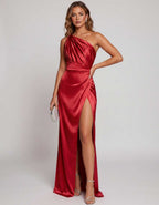 Veloura Maxi Dress by Lauven — satin one-shoulder mermaid maxi dress with slit