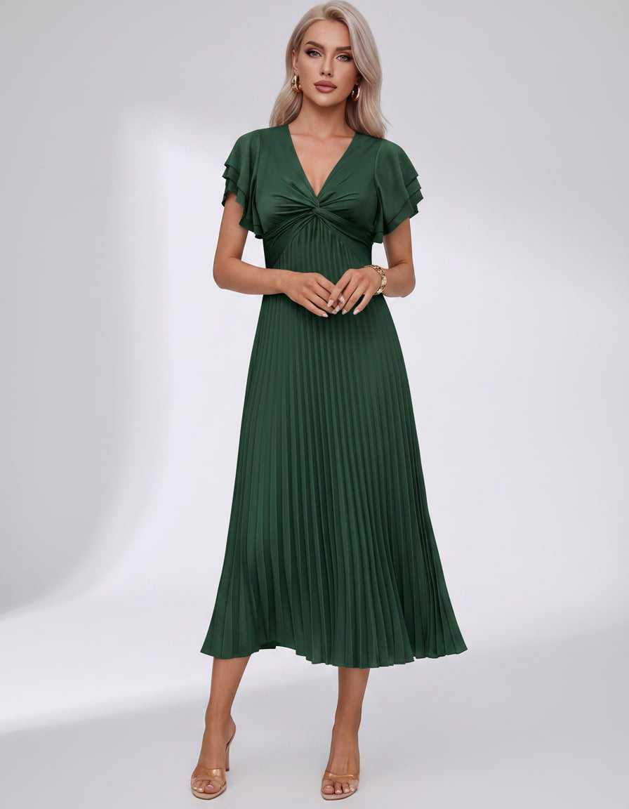 Veloura Midi Dress by Lauven — pleated chiffon flutter sleeve V-neck A-line midi dress