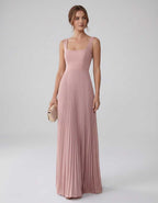 Veloura Maxi Dress by Lauven — satin chiffon sleeveless square neck pleated A-line maxi dress