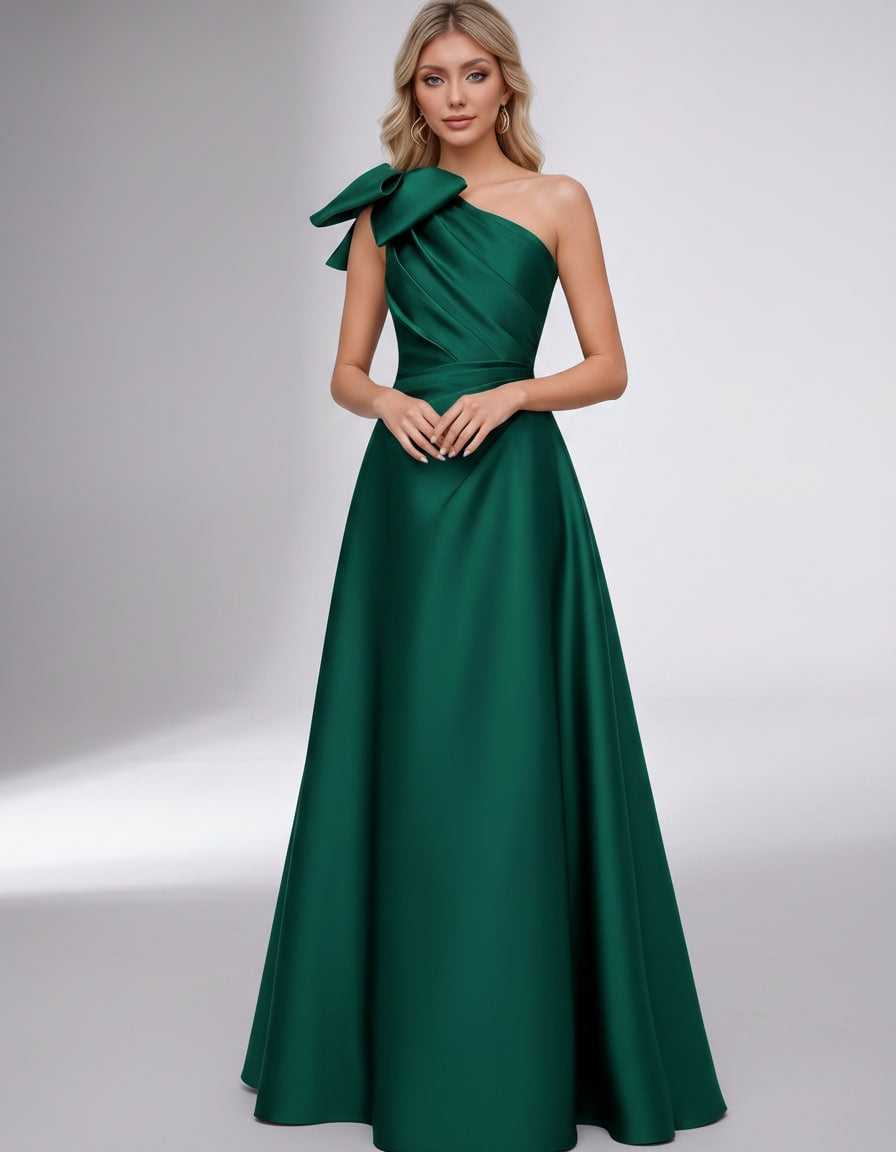 Celestia Maxi Dress by Lauven — satin one shoulder A-line maxi dress with bow