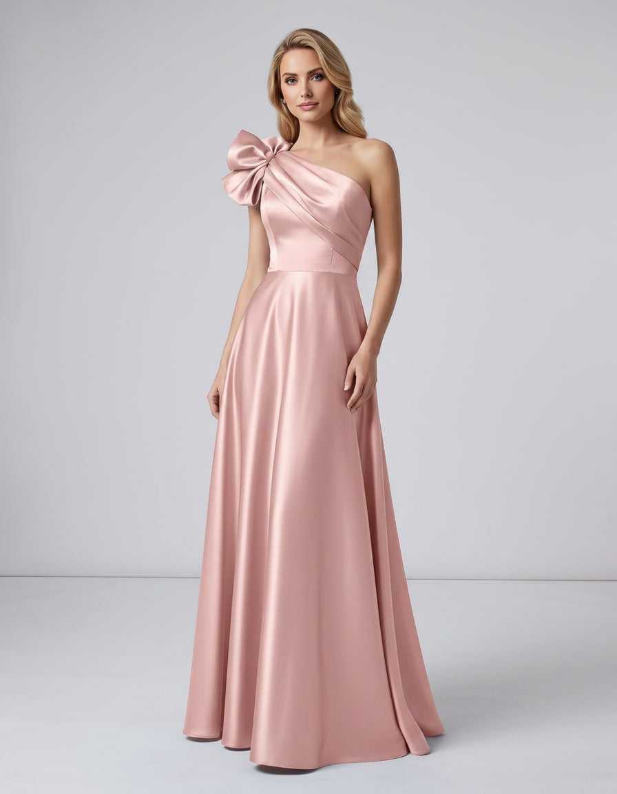 Aurevina Maxi Dress by Lauven — satin one shoulder A-line maxi dress with ruffle detail