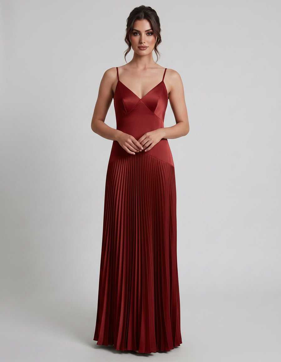 Veloura Maxi Dress by Lauven — satin spaghetti strap V-neck A-line maxi dress