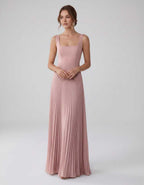 Veloura Maxi Dress by Lauven — satin chiffon sleeveless square neck pleated A-line maxi dress