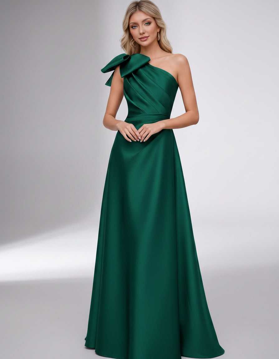 Celestia Maxi Dress by Lauven — satin one shoulder A-line maxi dress with bow