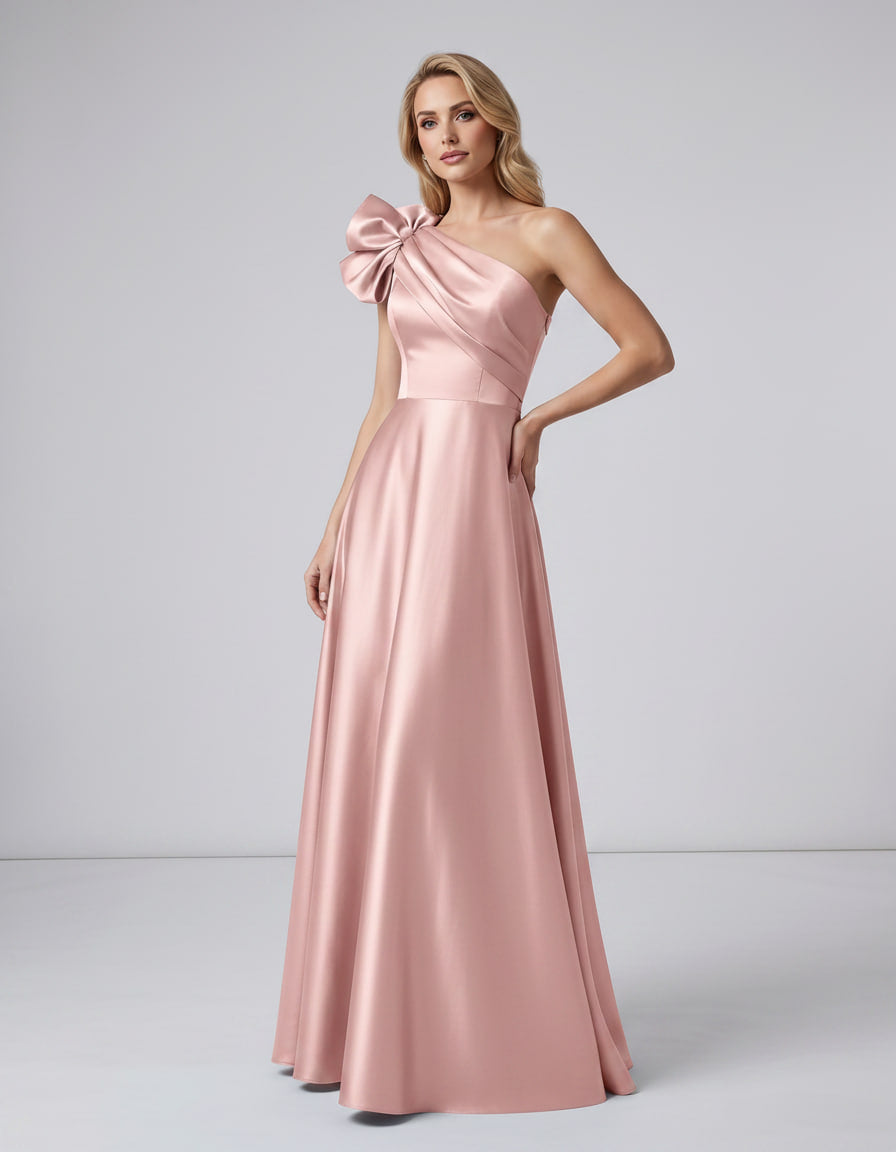 Aurevina Maxi Dress by Lauven — satin one shoulder A-line maxi dress with ruffle detail