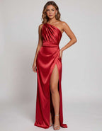 Veloura Maxi Dress by Lauven — satin one-shoulder mermaid maxi dress with slit