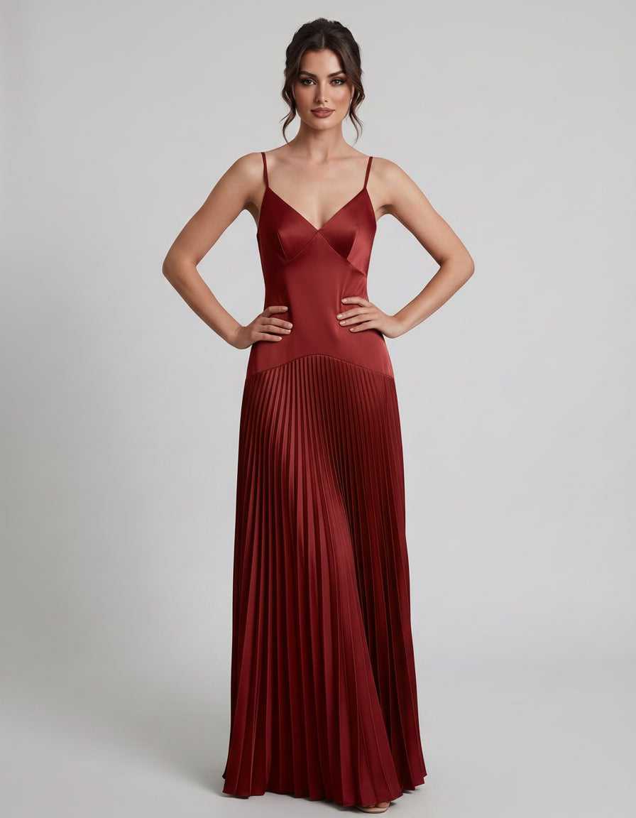 Veloura Maxi Dress by Lauven — satin spaghetti strap V-neck A-line maxi dress