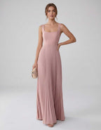 Veloura Maxi Dress by Lauven — satin chiffon sleeveless square neck pleated A-line maxi dress