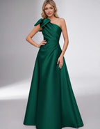 Celestia Maxi Dress by Lauven — satin one shoulder A-line maxi dress with bow