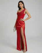 Vespera Maxi Dress by Lauven, a one-shoulder satin evening gown with embellished neckline and thigh-high slit.