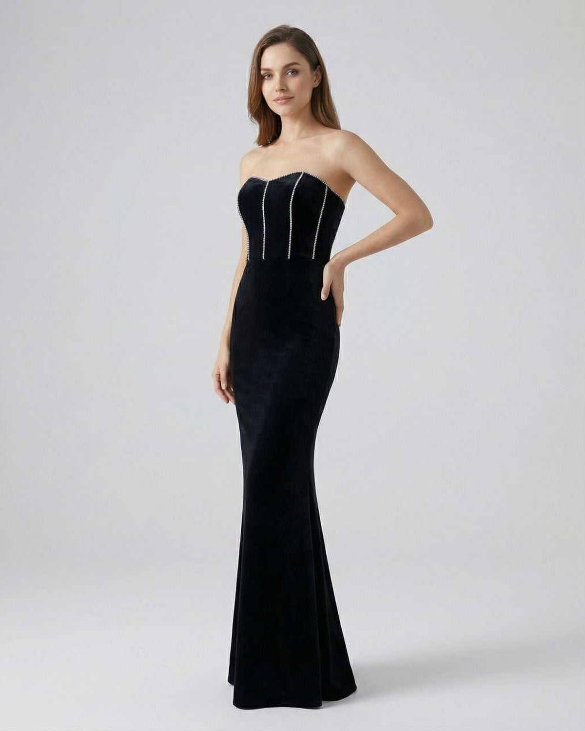 Celeste Maxi Dress by Lauven, a strapless black velvet evening gown featuring a sophisticated trumpet silhouette.