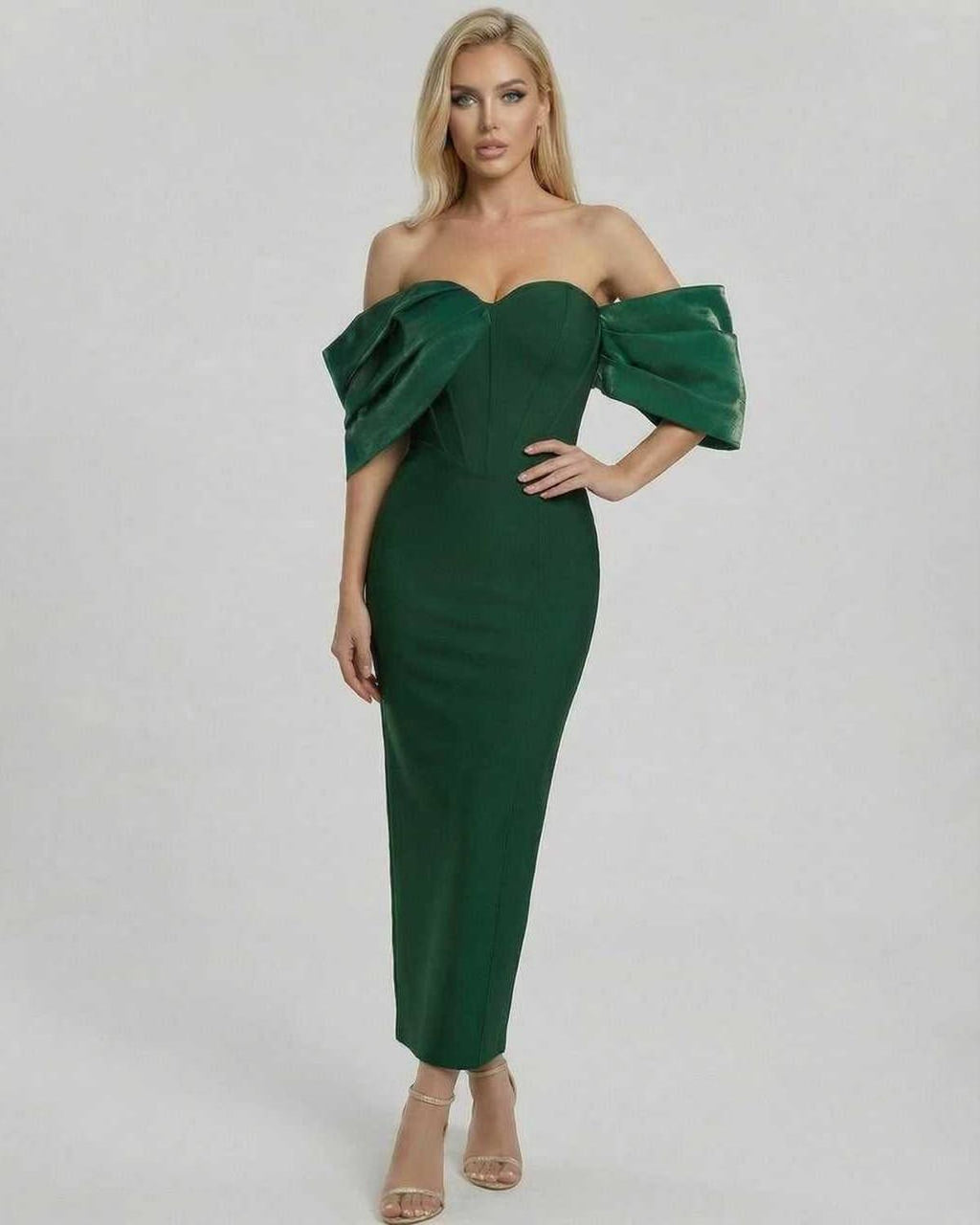 Verona Midi Dress by Lauven – Elegant green midi dress with off-the-shoulder design for formal events.