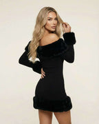 Luna Mini Dress by Lauven featuring faux fur trim and a sleek silhouette, perfect for autumn elegance.
