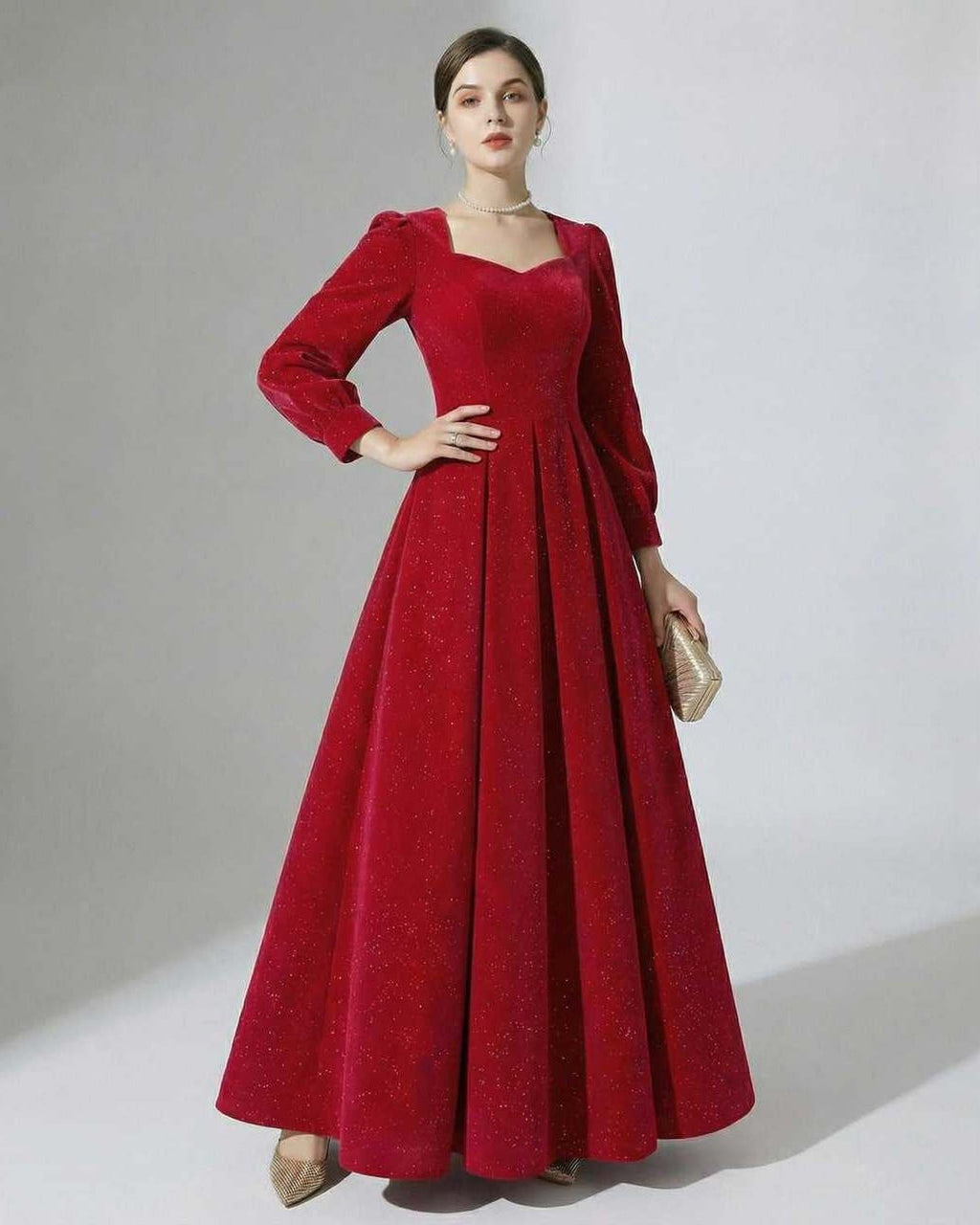 Celeste Maxi Dress by Lauven - Elegant red A-line velvet gown with puff sleeves and a flattering silhouette.