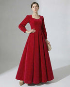 Celeste Maxi Dress by Lauven - Elegant red A-line velvet gown with puff sleeves and a flattering silhouette.