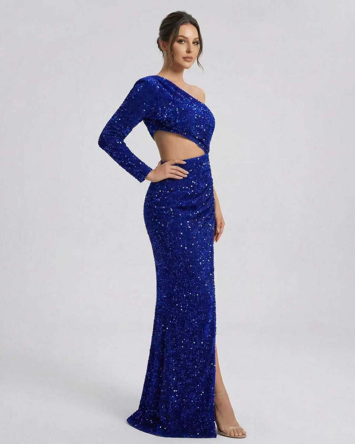 Celeste Maxi Dress by Lauven - Luxe blue velvet sequin one-shoulder evening gown with a stunning silhouette.
