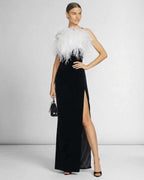 Celeste Maxi Dress by Lauven featuring feathered halter neckline and sleek black silhouette for formal occasions.