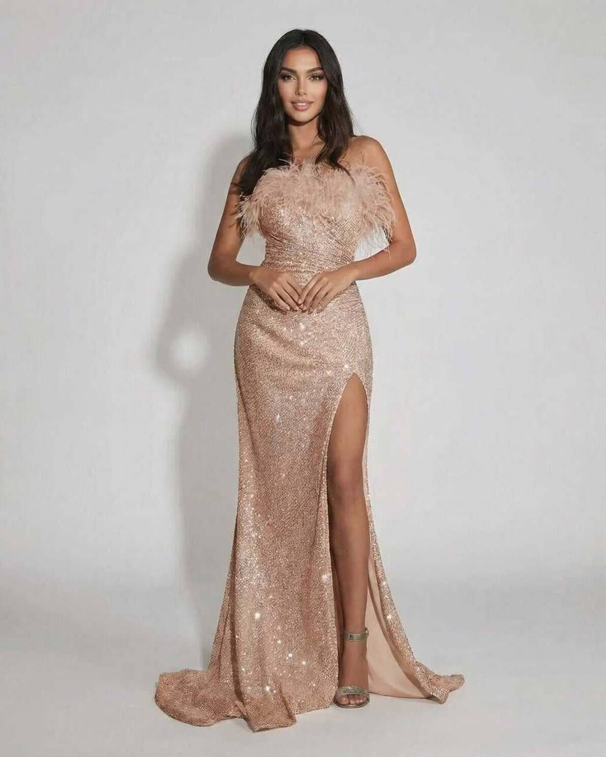 Blush Maxi Dress by Lauven - Luxurious blush sequin off the shoulder evening gown with feather detail.