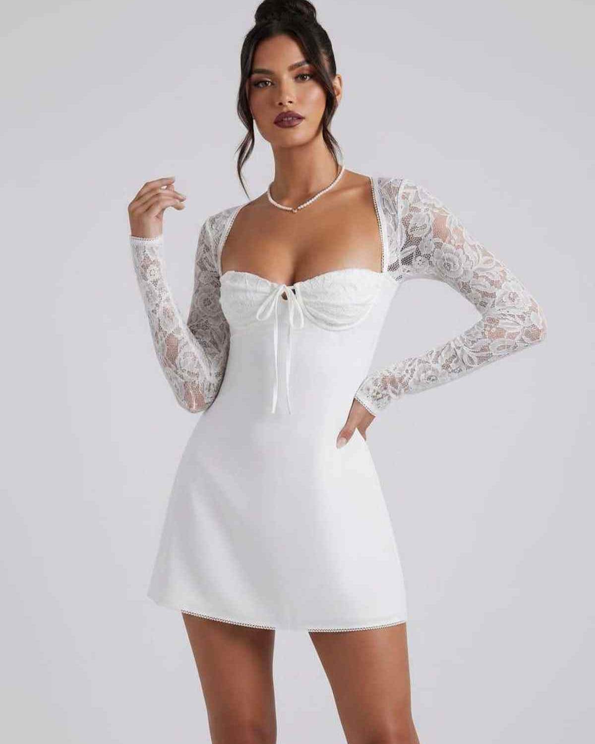 Noiré Mini Dress by Lauven — stretch long sleeve square neck fitted mini dress with lace sleeves