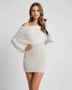 Elara Mini Dress by Lauven — textured knit long bell sleeve off-shoulder fitted mini dress